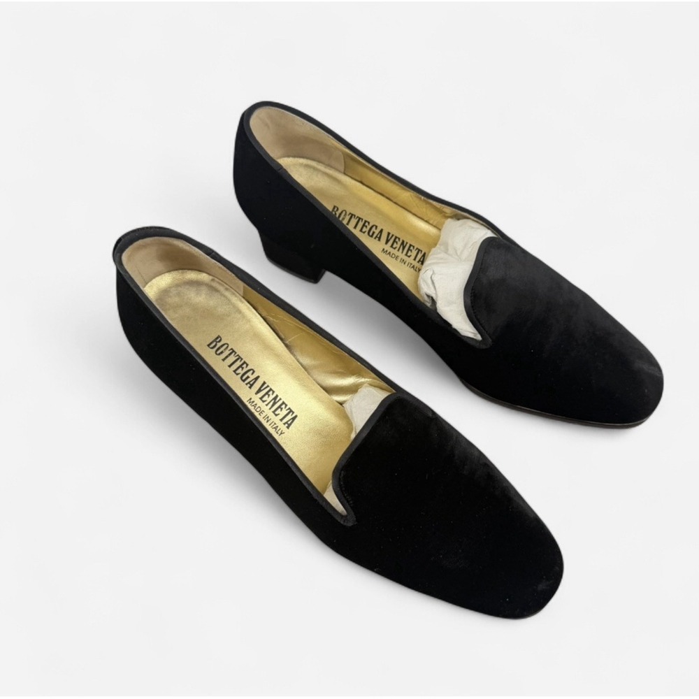 VTG Bottega Veneta Sz 7.5B Black Velvet Classic Low Block Heel W/‎ Box & Dustbag